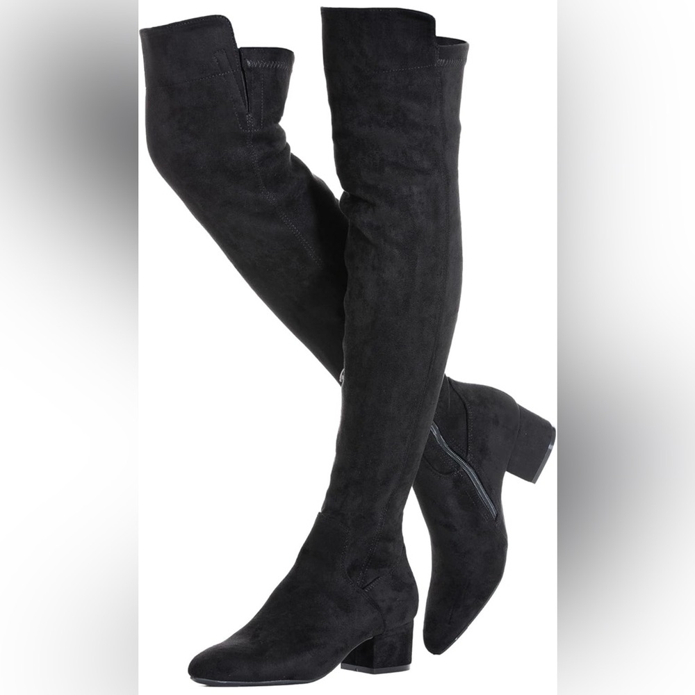 Over the Knee Boots Suede Black Block Low Heel Pointed toe